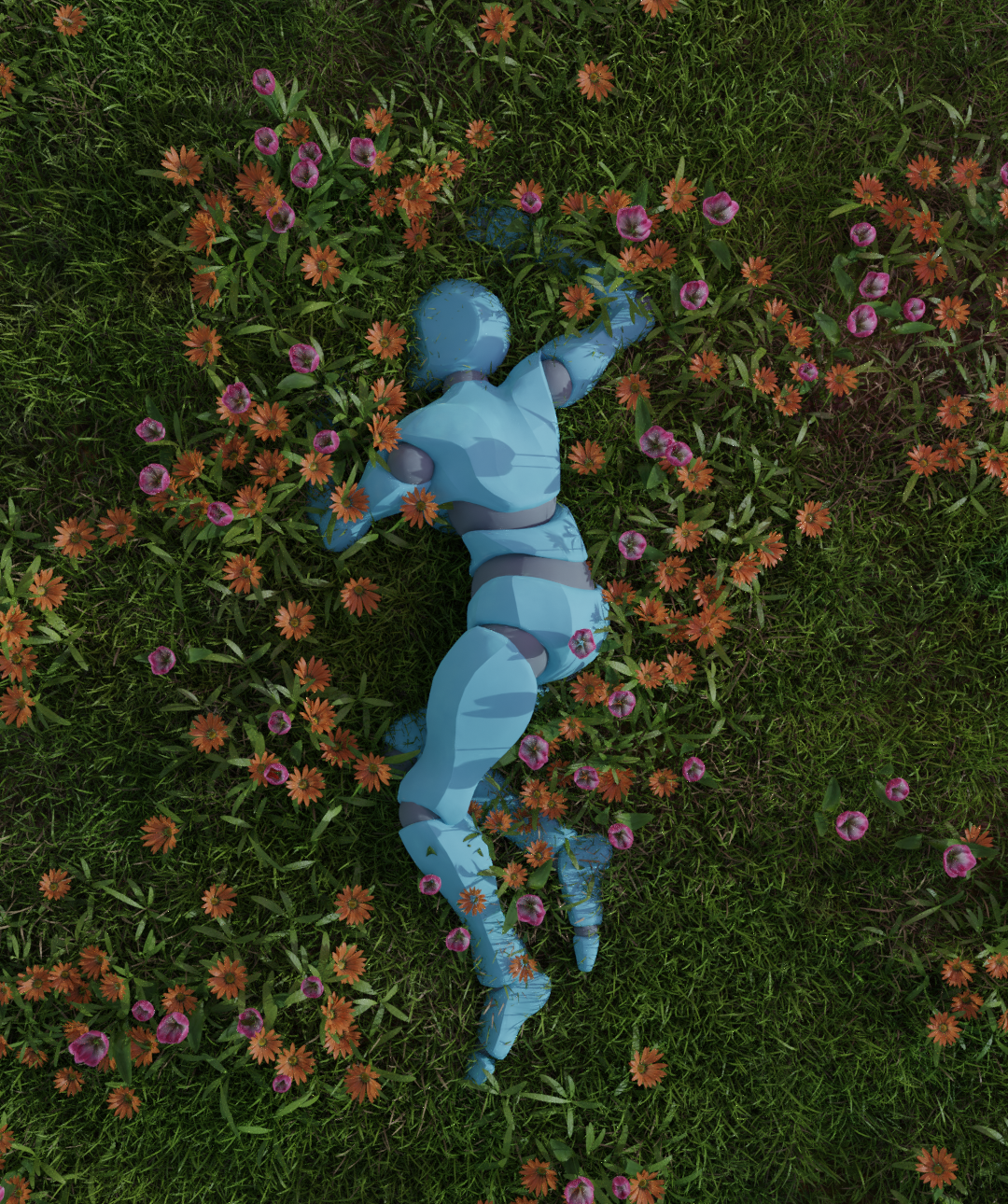 Robot laying in a flowerbed